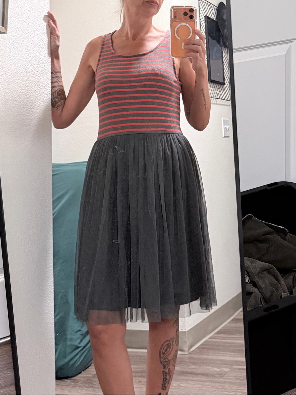 Matilda Jane Striped Coral Top with Charcoal Tulle Skirt Dress